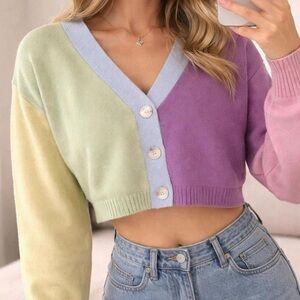 BiBi Pastel Colorblock Cropped Cardigan – Size S (NWOT)